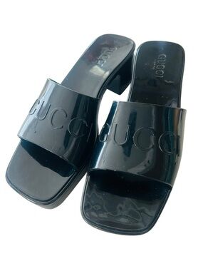 Gucci Black Rubber Logo Platform Slide Sandals EU 37 US 6.5–7 Made in Italy